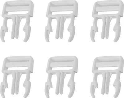 Six white plastic clips are arranged in two rows of three on a white background.