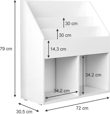 A white children's bookshelf with dimensions indicated by text and arrows.
