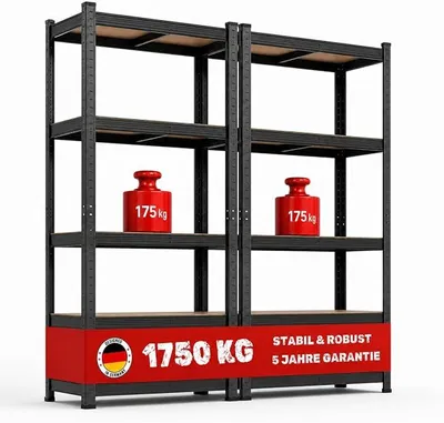 Produktbild von 2X Schwerlastregal Gorilla | HxBxT 180x90x40cm | Fachlast 175kg | Schwarz | Garagenregal Kellerregal Werkstattregal Lagerregal Steckregal