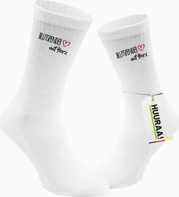 Produktbild von Huuraa Uni Socken Blutspender mit Herz 42/46 White Baumwolle Tennissocken Geschenkidee