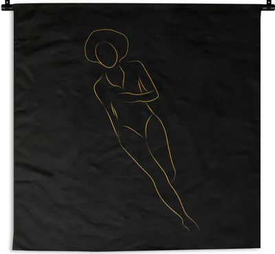 Produktbild von MuchoWow® Wandteppich Wandbehang Frau - Gold - Schwarz - Strichzeichnung 150x150 cm Tapisserie Dekoration Wandtuch - Wohnaccessoires - Modernes