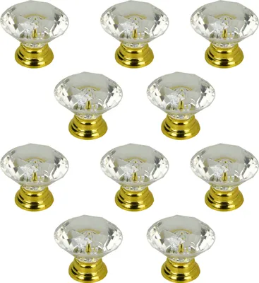 Zdjęcie produktu dla zestaw 10 złotych diamentowych gałek meblowych do h mebli - Eleganckie okrągłe gałki wykonane ze stopu cynku i akrylu do stylowego projektowania mebli