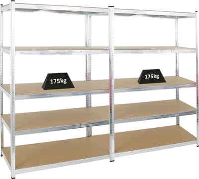 Produktbild von Mega Deal | 2x Schwerlastregal Ragnar | HxBxT 180x120x60cm | 5 MDF-Platten-Ebenen | Fachlast 175kg | Verzinkt