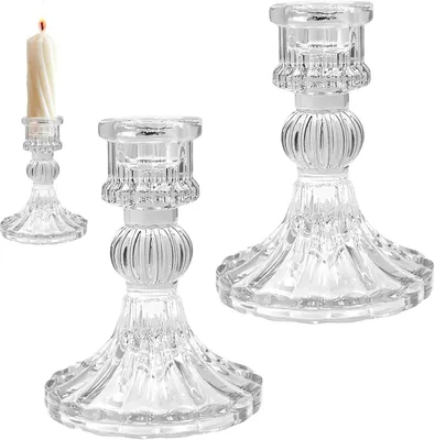 Produktbild von Kerzenhalter aus Glas – Set aus 2 – Kerzenständer mit Diamantmuster – Transparent – Tischdekoration