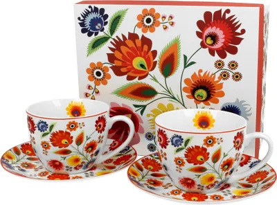 Produktbild von DUO ETNO 2er-Set Tassen 280 ml ŁOWICZ mit Untertassen, New Bone China Porzellan