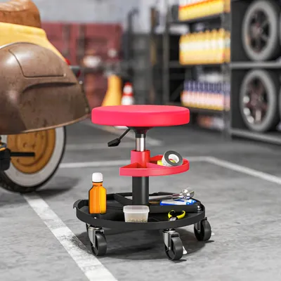 Produktbild von Werkstatthocker mit Rollen, höhenverstellbar, Rollhocker Montagehocker, Rot | 40–51 cm | bis 135 kg | 5 Lenkrollen