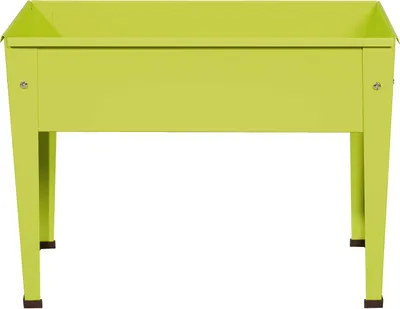 A lime green raised garden bed on a white background.