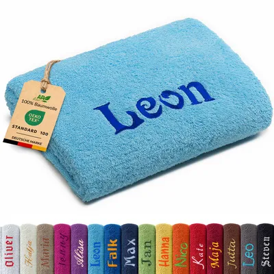 Produktbild von AR Line Duschtuch 70x140 cm mit Namen bestickt – Personalisiertes Handtuch aus Baumwolle 500 g/m², Farbe: Türkis