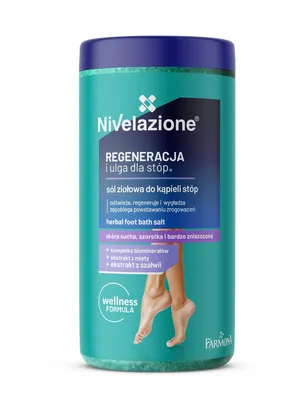 A product shot of a foot bath salt container with a partial image of legs and feet.