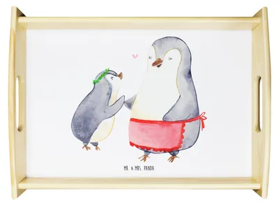 Produktbild von Mr. & Mrs. Panda Tablett Pinguin mit Kind - Weiß - Geschenk, Vorbild Mama, Serviertablett, Servier, Muttertag, Mutter, holz, aus, Holztablett