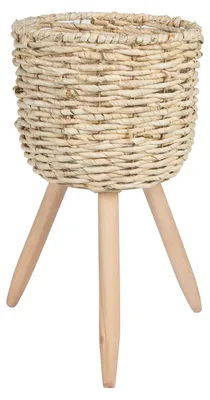 Produktbild von Übertopf NAGO Maisgeflecht mit Holzstandfuß Naturfarben, strapazierfähig, ideal für Zimmerpflanzen, Blumentopf mit Füßen
