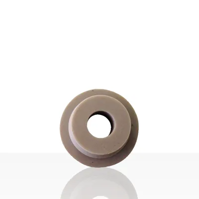 A single tan, donut-shaped object with a hole in the center is shown against a white background. The object has a reflective surface below it, suggesting it is placed on a glossy surface.