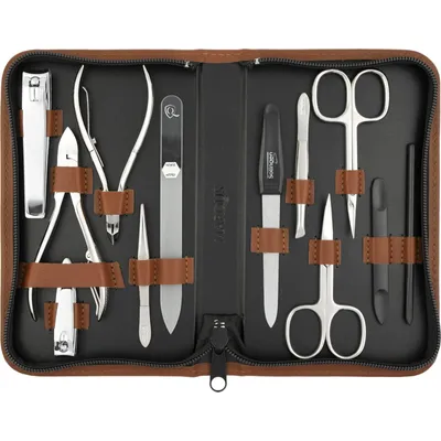 Immagine prodotto di marQus Solingen set per manicure - 12 pezzi in custodia in vera pelle pratica e morbida - kit completo di tutto per la cura di mani e piedi, set per unghie marrone