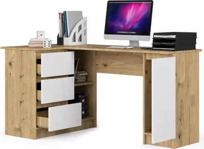 Image de Table d'angle B20 155 cm gauche chêne artisan blanc avec 3 tiroirs