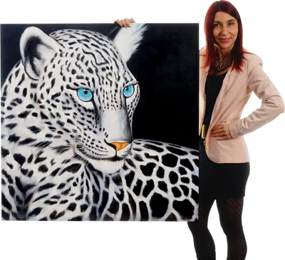 Produktbild von Ölgemälde Weißer Leopard, 100% handgemaltes Wandbild Gemälde XL, 100x100cm