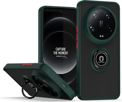 Immagine prodotto di Custodia per Xiaomi 14 Ultra opaca traslucida in TPU con supporto ad anello e supporto verde scuro