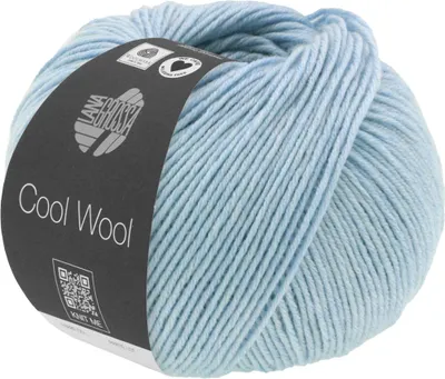 A ball of light blue yarn with a dark grey label.