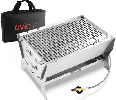 Produktbild von ovicue Grill groß L | Mobiler Steck-Gasgrill – Tragbarer Edelstahlgrill mit Stecksystem – Gas- & Holzkohlebetrieb – Inkl. Tragetasche – Perfekt für Camping, Balkon, Garten & Outdoor