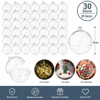 Produktbild von 30 Acrylkugeln Ø 6 cm Transparent Bastelkugeln Füllbare Kunststoffkugeln Weihnachtskugeln DIY Dekoration, KI-generiertes Bild