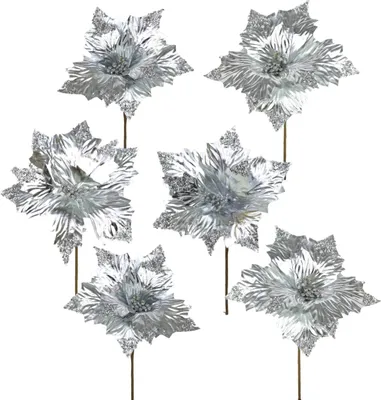 Produktbild von Poinsettie Blütensteckerei glitzernd silber Ø25 cm, 6 Stück