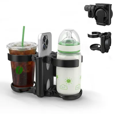 Produktbild von 3-in-1 Kinderwagen Getränkehalter – Faltbar, Stabil & Tragbar, Doppel-Cupholder mit Handyhalter, Universell für Kinderwagen & Fahrräder