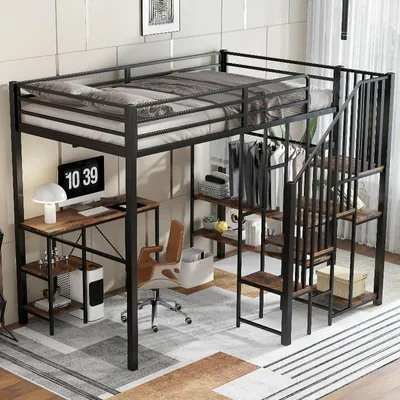 Obrázek produktu pro Dvoulůžko 120x200 cm, černé barvy, vyrobené z kovu a MDF, s pracovním stolem, otevřenou skříní a úložným prostorem, ideální do ložnice