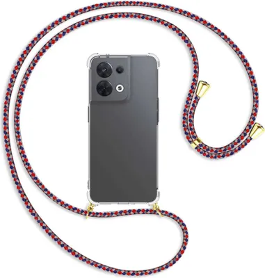 Produktbild von Handykette Backcover-Schutzhülle mit Band (Metall goldfarben) für Oppo Reno8 5G (CPH2359, 6.4'') - silber/blau/rot