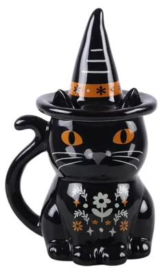 Produktbild von Halloween Tasse Schwarze Katze mit Deckel – Keramik Katzenbecher mit Hexenhut | Gothic Halloween Becher für Tee Kaffee Kakao Geschenkidee