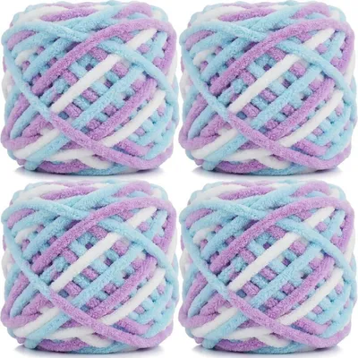 Image de Fil à tricoter, pelote de 95g x 4, épaisseur 7mm, doux et moelleux, idéal pour couvertures, poupées, sacs, bonnets, coussins, paniers pour chats (bleu, violet, blanc)