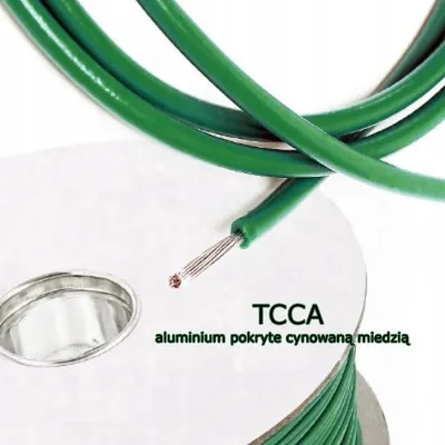 A close-up view of green electrical wire on a spool, with the end of the wire showing the exposed aluminum conductor coated with tin.
