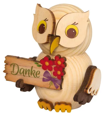 Produktbild von Drechslerei Kuhnert - Mini-Eulen aus Holz - mit Danke-Schild - ca. 7 cm groß - als Dekoration oder Geschenk geeignet