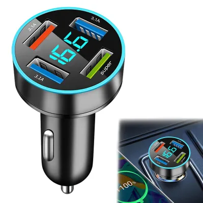 USB-Autolader 66 W, 4 Ports, LED-Voltmeter, 12 V, Schnellladeadapter