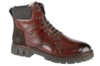 A single brown leather boot with a gray fabric cuff is shown against a white background.