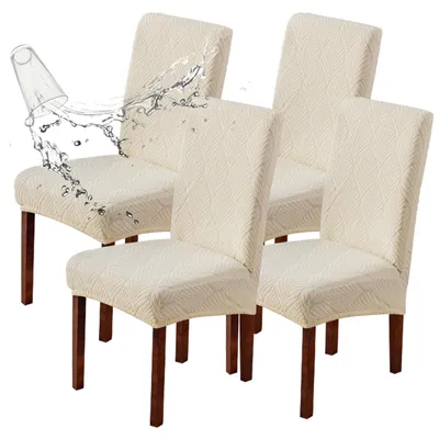 Wasserdichte Stuhlhussen, 4 Stück, Stretch-Jacquard, Blatt-Beige
