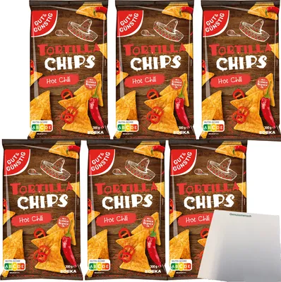 Produktbild von Gut & Günstig Tortilla Chips Hot Chili 6er Pack (6x300g Packung) + usy Block