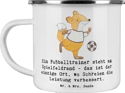 Produktbild von Mr. & Mrs. Panda Emaille Tasse Fußballtrainer Energie - Weiß - Geschenk, Kaffeepott, Motivtasse, Beruf, Berufe, Bedeutung des Trainers, Berufsprodukte, Leidenschaft, Pott
