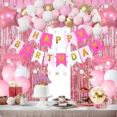 Obrázok produktu pre Sada na výzdobu k narodeninám: ružový banner "Happy Birthday", záves, balóny, girlanda