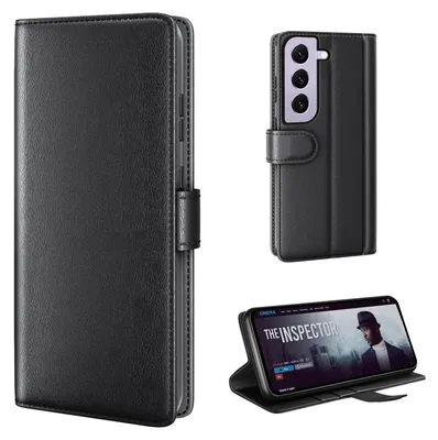 A collage of images showing a black leather flip phone case for a Samsung Galaxy S23, including a close-up of the case and a phone inside it.