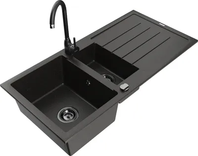 Produktbild von Mexen Andres 1,5-Becken-Granitspüle mit Abtropffläche und Mischbatterie Telma, Schwarz/Gold - 6515-75-670200-70-B