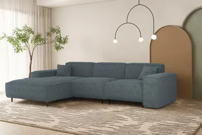 Produktbild von Ecksofa Designersofa GLORIA in Stoff Scala Blau Ottomane Links