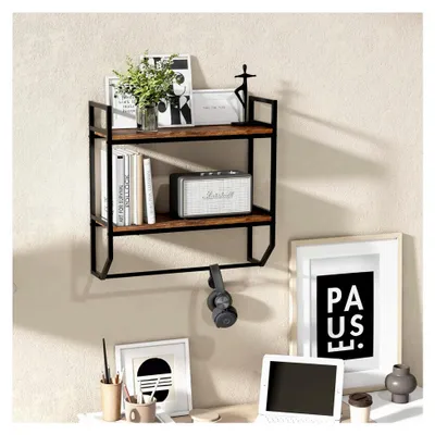Produktbild von Wandregal aus Holz mit Metallrahmen, 2 Ebenen, ideal für Wohnzimmer, Küche und Badezimmer, im industriellen Stil
