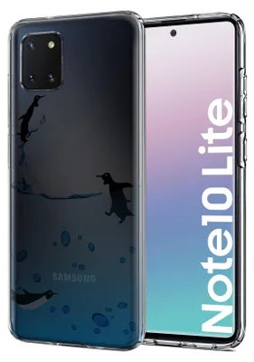 A clear product shot of a phone case with a penguin design, placed next to a smartphone.