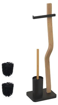 Immagine prodotto di Set da bagno Relaxdays, A x L x P: 78,5 x 23 x 18 cm, legno e metallo, portarotolo da appoggio con scopino, nero/naturale