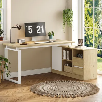 Produktbild von Flieks L-förmiger Schreibtisch mit 2 Schubladen und 3 offenen Regalen, Bürotisch mit verstellbaren Regalböden, Computertisch, Naturholzfarbe+Weiß