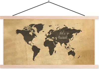 Produktbild von MuchoWow® Textilposter Weltkarte - Sprichwörter - Schwarz 120x60 cm mit holzfarbenen Rahmen - Klemmleiste