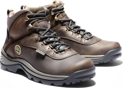 A pair of brown Timberland hiking boots.