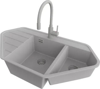 Produktbild von PRIMAGRAN Granitspüle Grau 90x50cm, Eckspüle 1,5 Becken + Küchenarmatur 38x14cm + Ablauf-Set, Küchenspüle ab 70er Unterschrank - Kopenhagen Corner