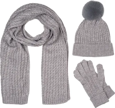 Produktbild von styleBREAKER Damen Set 3-Teilig aus Schal, Bommelmütze und Handschuhe, Zopfmuster Strickschal Warm Winter Einfarbig 01018270