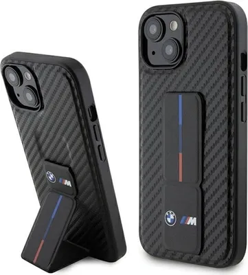 Two views of a black carbon fiber textured phone case with a BMW logo and colored stripes, shown from different angles.
