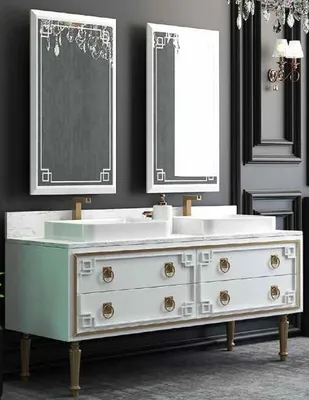 Produktbild von Casa Padrino Luxus Badezimmer Set Weiß / Gold - 1 Waschtisch mit 4 Schubladen und 2 Waschbecken und 2 Wandspiegel - Luxus Badezimmermöbel